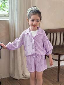 LMoss Kids Set 3 potong Baju Kasual Bergaris Tenun untuk Anak Perempuan, terdiri dari Kemeja, Kamisol, dan Celana Pendek - Purple - View 3