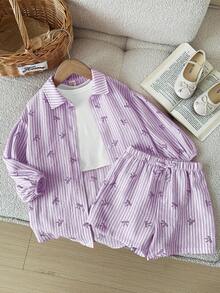 LMoss Kids Set 3 potong Baju Kasual Bergaris Tenun untuk Anak Perempuan, terdiri dari Kemeja, Kamisol, dan Celana Pendek - Purple - View 6