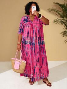 SHEIN CURVE+ Vestido casual de mujer talla grande con estampado floral suelto, adecuado para la playa y los viajes - Multicolor - Ver 7