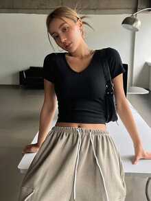 DAZY Kaos Lengan Pendek Polos Kasual, Atasan Crop Top Musim Panas Serbaguna, Pakaian Sehari-hari Warna Hitam - Hitam - View 6