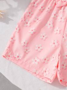 SHEIN Elladie kids 少女花卉細肩帶腰部連身褲，藍白配色，甜美舒適，大花卉腰帶，女孩夏季休閒穿搭 - 粉色 - 查看 3
