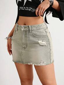 SHEIN EZwear 女士休闲水洗做旧牛仔迷你裙，夏季 - 軍綠色 - 查看 3