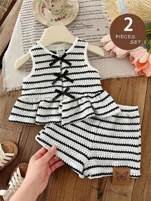 SHEIN Baby Girl Striped Ruffle Top And Shorts Casual Daily Outfit - Black and White - View 1