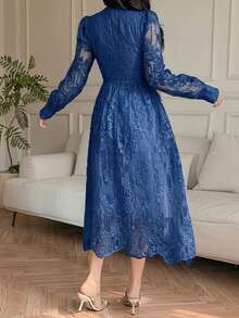 DAZY Đầm midi ren cổ chữ V tay cánh hoa thanh lịch dành cho nữ, thích hợp cho mùa xuân/hè. - Màu xanh lam - Xem 2