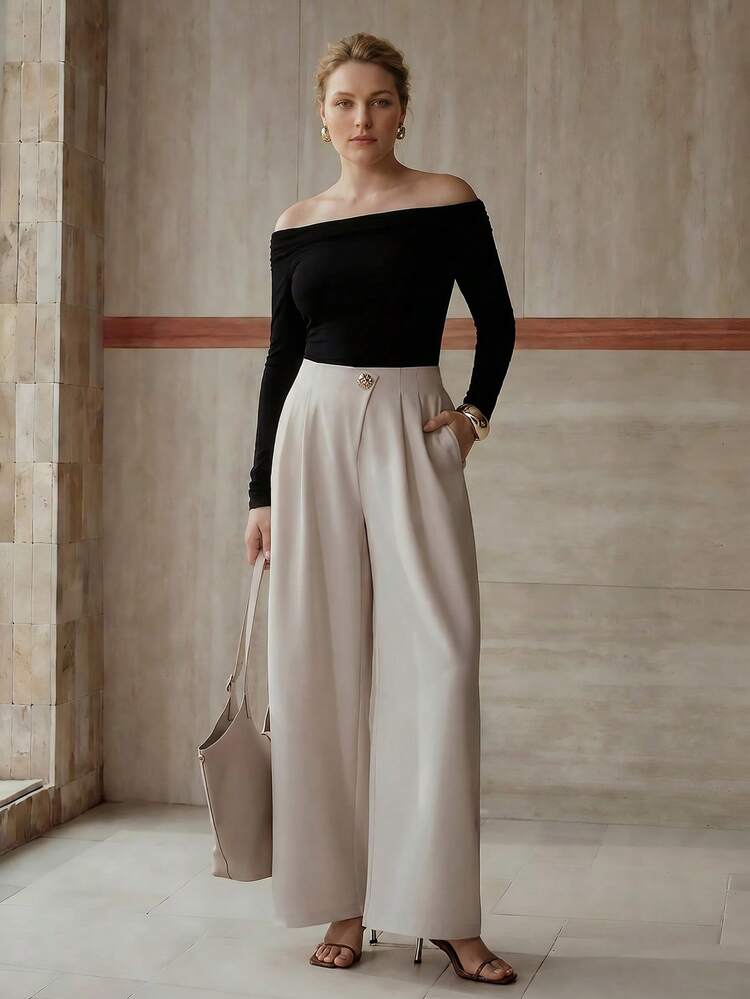 PLUS SIZE METAL BUTTON OVERLAP WAIST FOLD PLEATED WIDE LEG PANTS