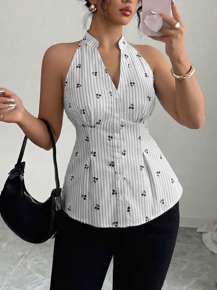 Selianne 女款夏季休閒可愛優雅度假風白色印花掛脖無袖短版上衣,適合早午餐穿搭 - 彩色 - 查看 1