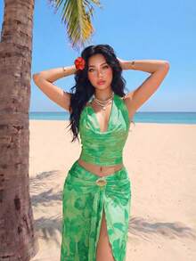 Sweetina 度假性感花卉印花不对称金属装饰女士背心 - 綠色 - 查看 5