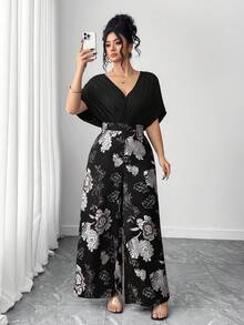Elenzga Plus Size Solid Color & Printed Patchwork V-Neck Short Sleeve Jumpsuit - Black and White - View 1