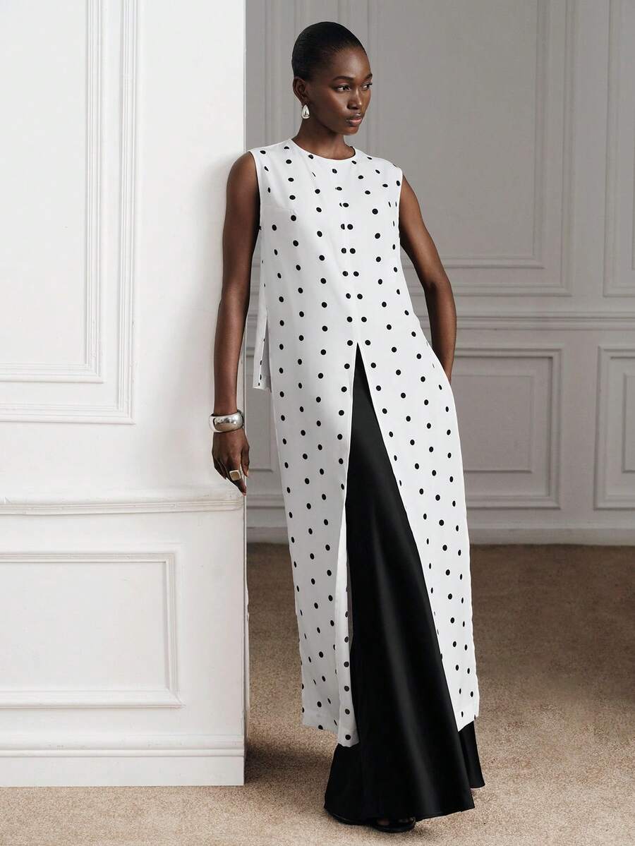 Aveloria Modichic Women's Polka Dot Round Neck Casual Versatile Long Shirt For Daily Wear - Black - View 1