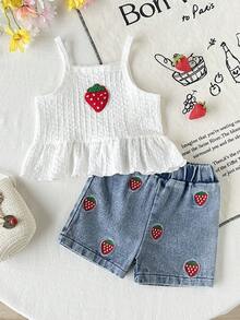 Baby Girls' Sleeveless Ruffled Strawberry Decor T-Shirt Set, Summer - White - View 3