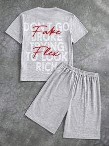 SHEIN Streecool Kids 2件套休闲简约青少年男童短袖圆领T恤+裤子套装，夏季Y2K风格骷髅印花短袖街头时尚T恤，青少年男童服装 - 灰色 - 查看 2