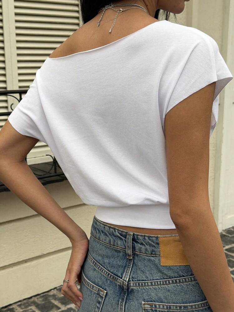 Women's Asymmetrical Shoulder Sleeveless Casual Street Style T-Shirt, Elegant White Tee For Spring & Summer