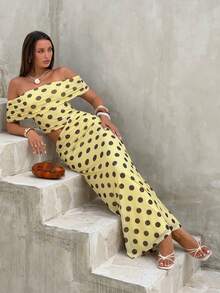 Firerie Vestido largo súper elegante y sexy con estampado de lunares marrones sobre base amarilla, con hombros descubiertos, fruncido y calado. Adecuado para vacaciones, invitada de boda, vestido de cumpleaños, salida, ceremonia de graduación, regreso a casa, vacaciones, fiestas y otras ocasiones. - Multicolor - Ver 10