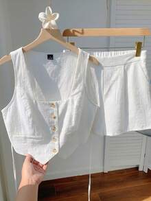 Comfortcana Bộ đồ 2 món màu trắng 100% cotton, áo croptop không tay, thích hợp cho mùa đông, lễ Phục sinh, tiệc tùng, đi biển, đám cưới, lễ tốt nghiệp, thanh lịch, thường ngày, kỳ nghỉ, thể thao, trang trọng, phong cách Y2K, công sở. Được trang trí bằng sequin, tua rua, bèo nhún, hoa và họa tiết. - trắng - Xem 4