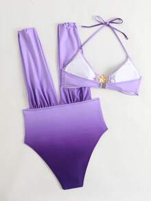 Swim Lushoire 两件套渐变色连体泳衣，欧美风格度假海洋金属装饰泳装 - 紫色 - 查看 2
