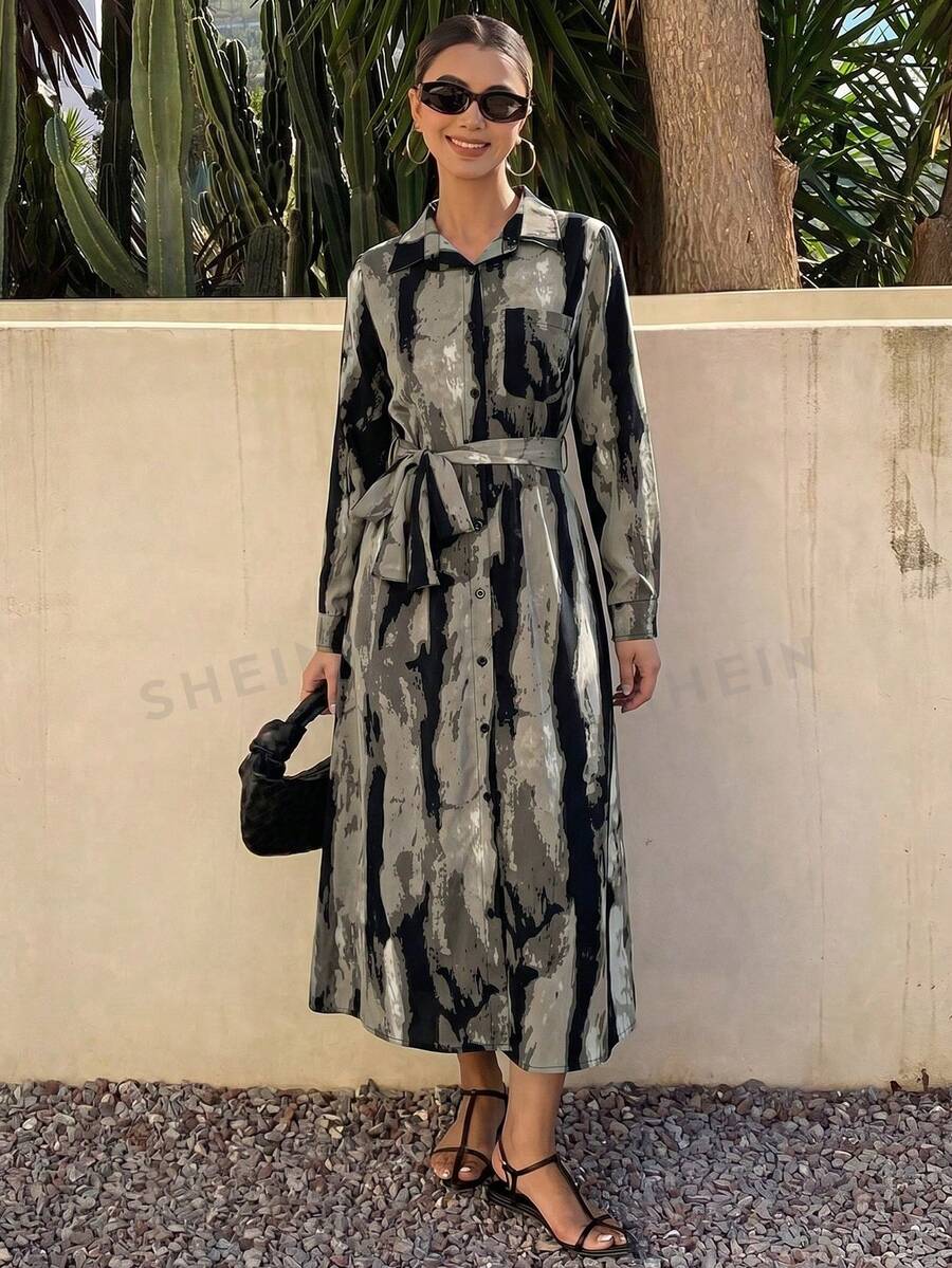 DAZY 春夏衬衫领长袖优雅衬衫裙，新款飘逸中长款系带连衣裙，墨色渐变休闲中长连衣裙 - 灰色 - 查看 1