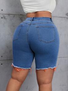 Slaydiva Plus Size Summer Fashion Distressed Slim Fit Denim Shorts - Medium Wash - View 2