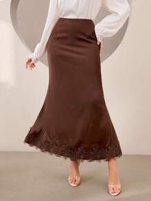 Graceveil Falda elegante de estilo francés para mujer con encaje de contraste de satén - Café integral - Ver 5