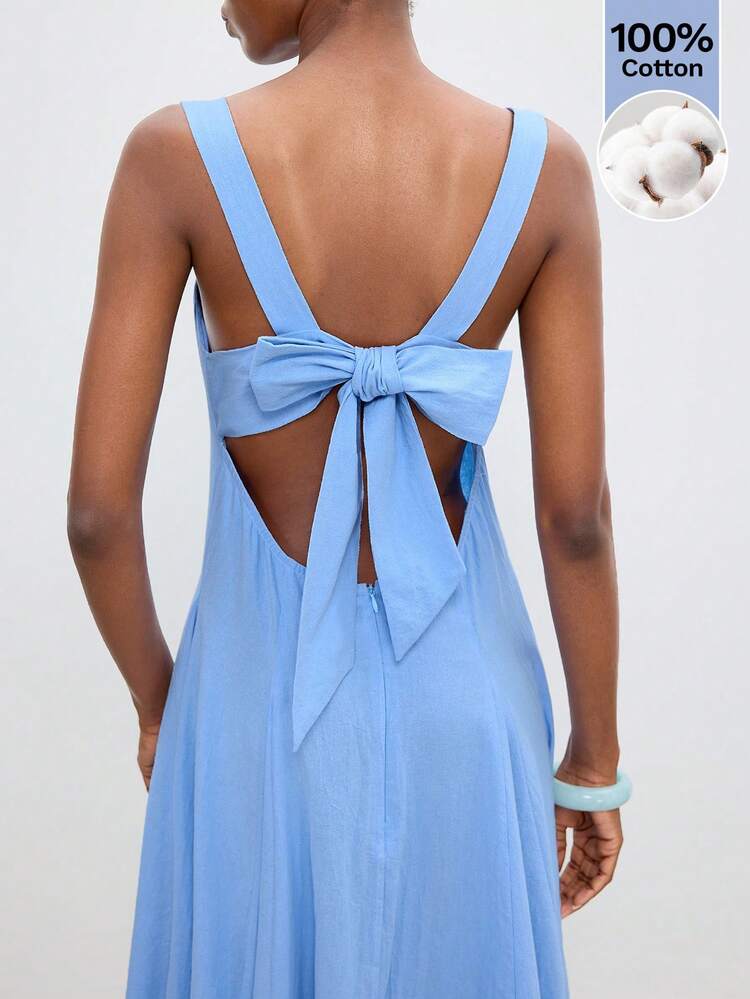 SHEIN Maija Cornflower Blue,Summmer,Elegant,Tea Party Sleeveless Backless Tie-Up Waist Cinched Dress,Women's 100% Cotton Urban Resort Holiday Graduation Outfits