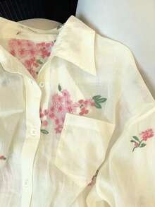 Airaco Women's Fashion Casual Minimalist Romantic Vacation Embroidered Floral Long Sleeve Button-Up Shirt - Apricot - View 3