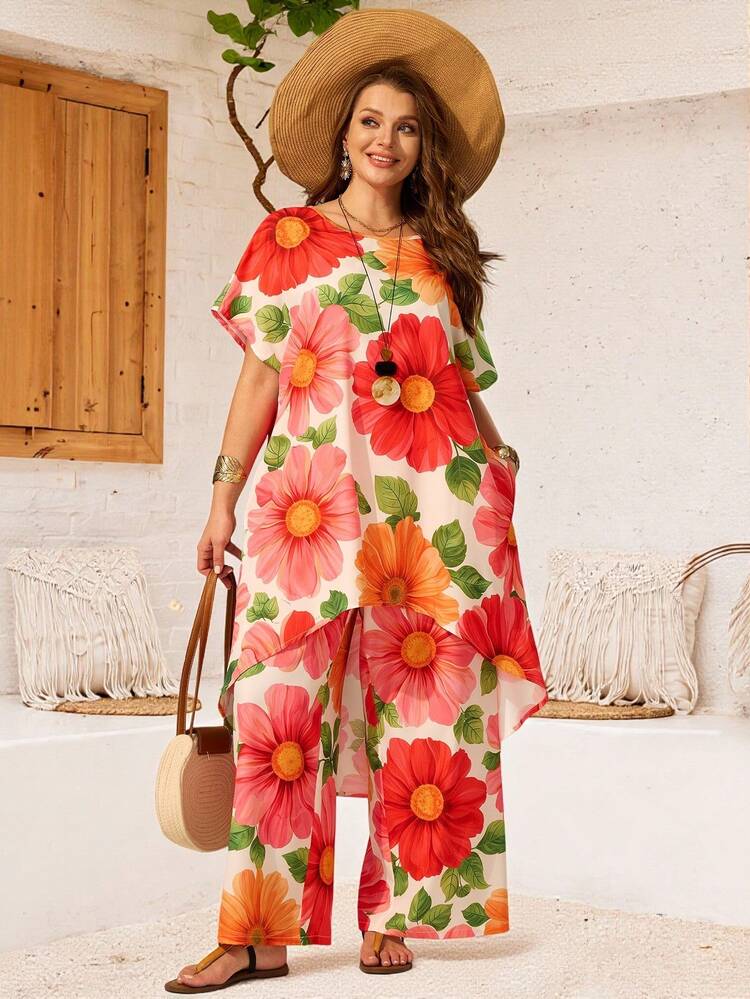 Plus Size Women 2 Pieces Set: Floral Print Shirt And Pants Summer Outfits Summer Dresses For Women Beach Outfits For Women Beach Outfits