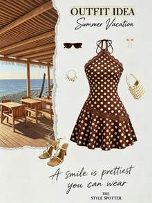 Qadelle Đầm ren chấm bi màu nâu dành cho nữ, trang phục đi nghỉ mát, trang phục thường ngày, đầm màu nâu, đầm cổ yếm. - màu nâu - Xem 4