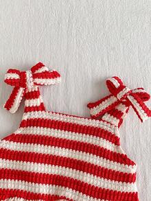Playful Pals Babygirl Christmas Holiday Outfits Red And White Stripe Summer Cute Vacation 2pcs Suit,Knitted Jacquard Red Halter Top And Shorts For Party,Beach - Red and White - View 5