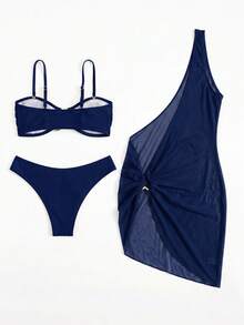 Swim SXY 3件套女士泳装比基尼套装，新款夏季黑色复古风无袖不对称网纱泳裙，奢华金属装饰性感沙滩罩衫 - 藏蓝色 - 查看 5
