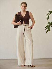 MOTF PREMIUM PLUS SIZE LINEN CASUAL PANTS, SPRING/SUMMER FALL - Apricot - View 7