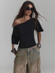 MUSERA Slouchy Off The Shoulder Open Back Chain Detail Longline Cropped T-Shirt Sexy Summer Spring Rave Festival Holiday Party Going Out Serpent - Black - View 5