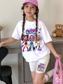 少女休闲简约韩流明星卡通女团印花白色短袖T恤短裤两件套，适合夏季穿着 - 彩色 - 查看 1