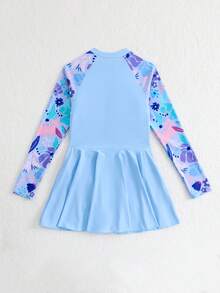 SHEIN Áo tắm liền thân dài tay in hoa dành cho thiếu nữ, thích hợp cho kỳ nghỉ biển, tiệc bể bơi, tiệc bãi biển. - Màu xanh lam - Xem 2