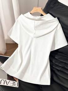 Franclia Sweatshirt Wanita Kasual Sehari-hari Minimalis Warna Polos Lengan Pendek dengan Resleting dan Tali Serut - Putih - View 2