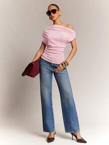 Hauture Women's Office Casual Dialy Simple Off Shoulder Wool Like Knit Ruched Top - Pink - View 6