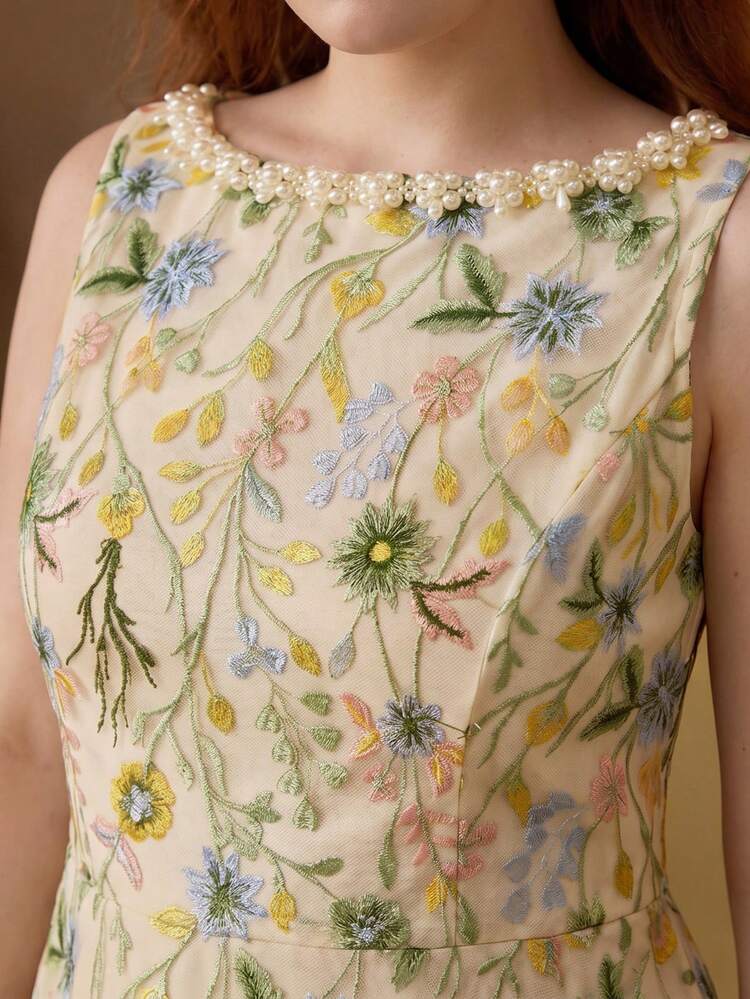 PLUS SIZE WOMEN'S ROUND NECK SLEEVELESS MESH EMBROIDERED DRESS, CASUAL & DATE WEAR, SPRING/SUMMER