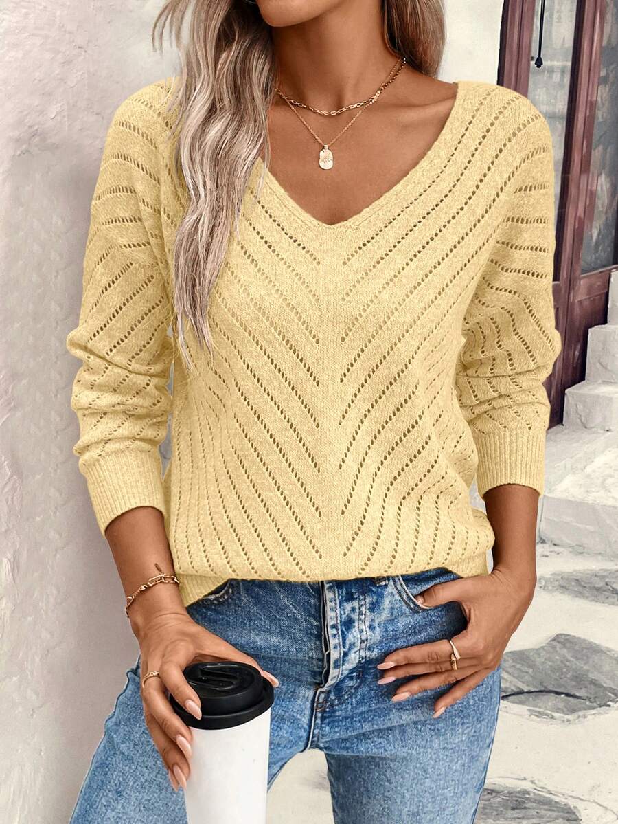 EMERY ROSE Women's Loose Casual Hollow Geometric Textured V-Neck Sweater - Yellow - View 1