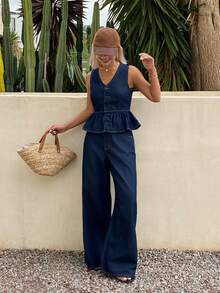 Dazy-Less Women's Vacation Casual Ruffle Sleeveless Top And Jeans Set, Navy Blue Summer Style - Blue - View 5