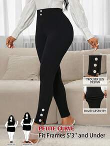 SHEIN PETITE CURVE 大码女式纯色高腰休闲百搭日常穿着打底裤 - 黑色 - 查看 1