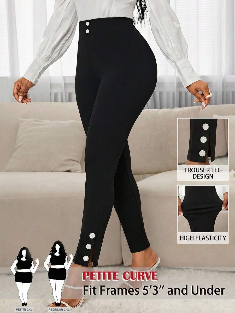 SHEIN PETITE CURVE 大码女式纯色高腰休闲百搭日常穿着打底裤 - 黑色 - 查看 1