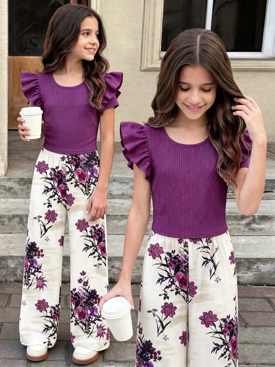 SHEIN Sparklyn 2pcs/Set Tween GirlsKnitted Textured Round Neck Puff Sleeve Top And Printed Straight Leg Pants Set, Casual Vacation Style, Suitable For Spring/Summer Daily Wear And Vacation - Multicolor - View 1