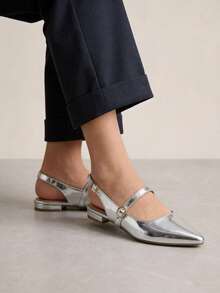 Zapatos planos tipo slingback para mujer, diseño ligero y transpirables, charol sintético metalizado con forro textil suave, doble correa y hebilla, plantilla ergonómica acolchada - Plateado - Ver 2