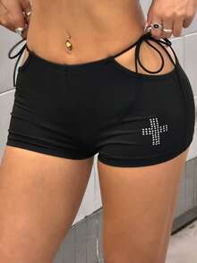StreetHx Quần short nữ gợi cảm, khoét lỗ, đan chéo, đính đá lấp lánh, kiểu dáng thường ngày. - màu đen - Xem 4