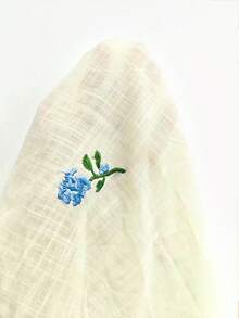 INAWLY 女士时尚休闲简约浪漫度假刺绣花卉长袖纽扣衬衫 - 藍色 - 查看 5