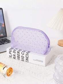 1PC Heart Print Mesh Makeup Bag - Boho Purple Toiletry Cosmetic Purse With Zipper Portable Organizer For Home Office Travel Christmas Gift - Purple - View 4