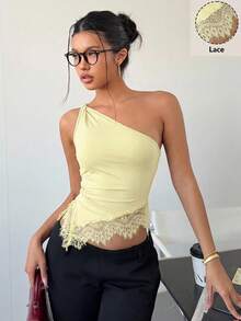 SXSiren Gaze Blusa de mujer elegante y ajustada con parches de encaje y nudo retorcido de un solo hombro, color negro, top corto de carnaval, informal de verano, hombros descubiertos, espald - Amarillo claro 2 - Ver 2