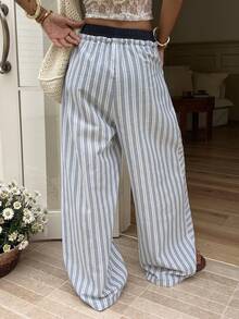 DAZY Contrast Striped Waistband 2 In 1 Drawstring Loose Wide Leg Pants, Casual Vacation Autumn Women Trousers Vacation Blue And White Striped - Blue - View 2