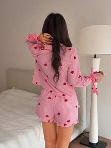 Napfluff Conjunto de pijama con top de rayas en forma de corazón y shorts con cuello clásico - Rojo y blanco - Ver 2