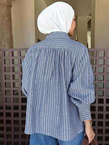 DAZY Blusa elegante de mujer con cuello alto, mangas farol y rayas, para otoño - Azul - Ver 2