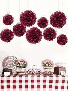 9pcs/Set Burgundy DIY Decorative Paper Flowers & Pom Poms - Suitable For Valentine's Day, Engagement, Wedding, Bridal Shower, Anniversary, Bachelorette Party, Birthday Party, Home Outdoor Hanging Decor - burgundy - View 3