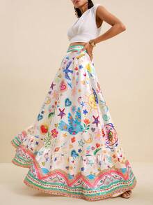 LOTSLUV Women's Colorful Playful Pattern Printed A-Line Long Satin Skirt,White,Summer,Euro,Tea Party,Vacation,Holiday Floral Skirts For Spring/Summer Vacation - Multicolor - View 3